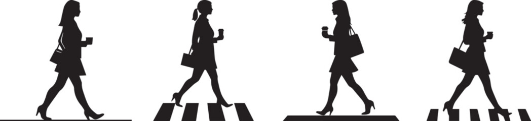 Silhouette Women Walking Across Crosswalk Street Fashion Vector Icon Set