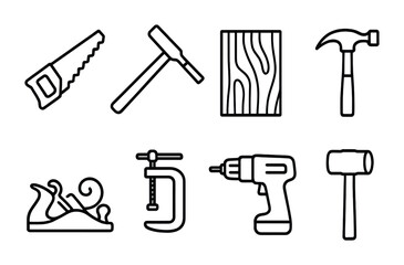 Woodworking tools icon set – outline style: crafting, carpentry, and diy symbols for wood projects: saw, hammer, drill, mallet, wood plank, clamp, plane
