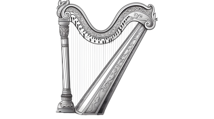Professional vintage harp sketch in hand drawn engraved style for design projects