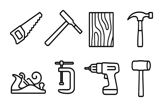Woodworking tools icon set – outline style: crafting, carpentry, and diy symbols for wood projects: saw, hammer, drill, mallet, wood plank, clamp, plane