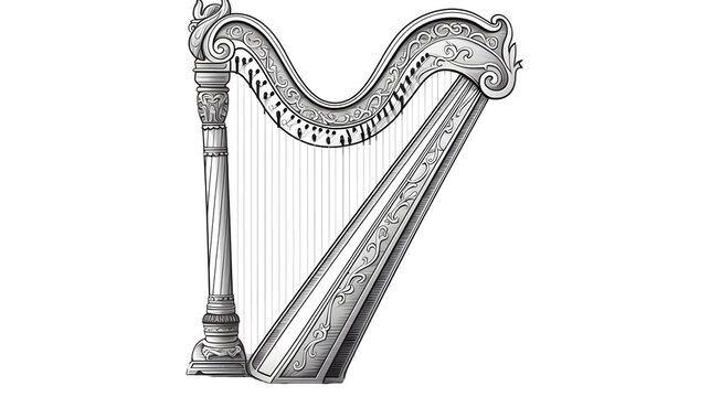 Professional vintage harp sketch in hand drawn engraved style for design projects