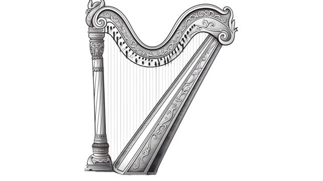 Professional vintage harp sketch in hand drawn engraved style for design projects