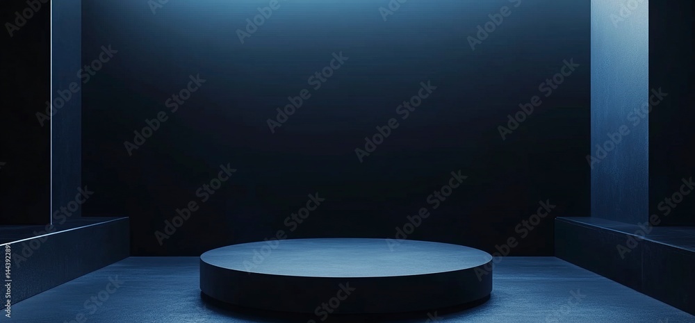 Aufkleber a dark blue sci-fi background with an empty podium for product display, surrounded by futuristic bla