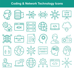Several outline icons represent coding, network, and technology concepts; transparent background complements any background
