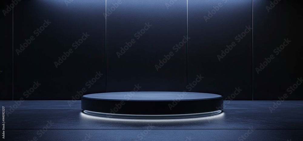 Aufkleber a dark blue sci-fi background with an empty podium for product display, surrounded by futuristic bla