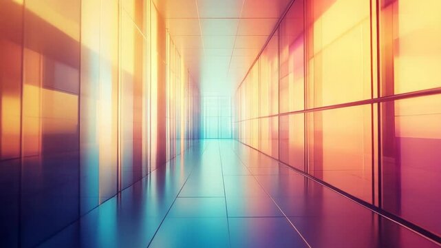 Abstract architectural hallway with vibrant colors and a futuristic perspective effect