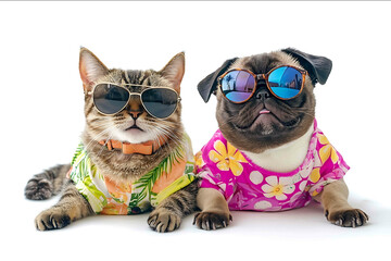 A dog and cat duo wearing matching summer outfits no text no shadow isolate white background