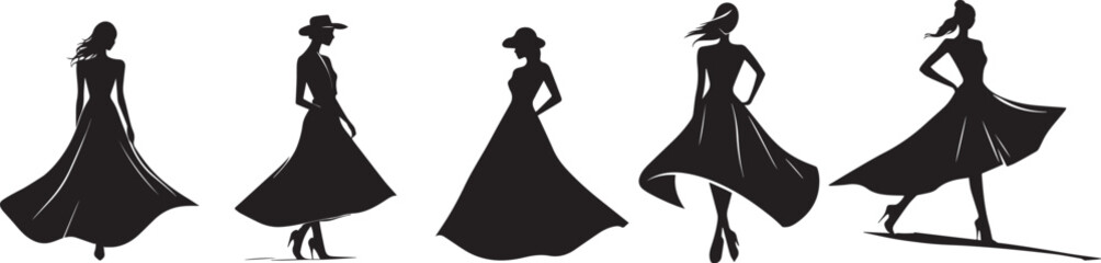 Fototapeta premium Silhouette Women Dancing in Flowing Dresses Fashion Vector Icon Set. Fashionable Women Twirling in Dresses Icon Set