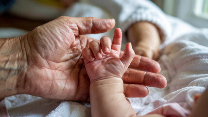 Close up of elderly hand gently holding baby hand, symbolizing care, connection, and tender family moments