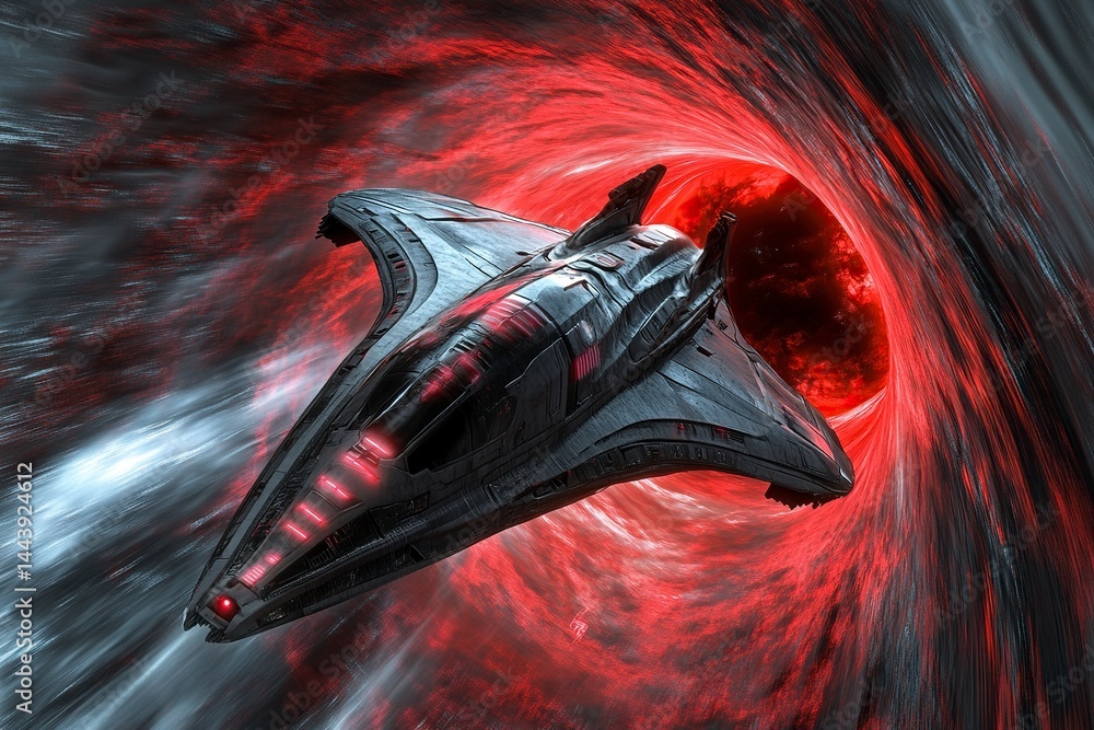 Poster a futuristic alien spaceship entering the wormhole, with red and dark gray colors, fractal patterns 