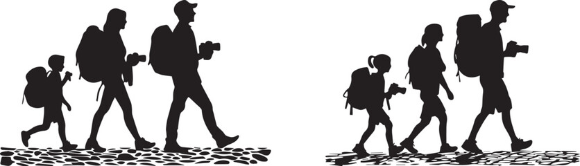 Silhouette Family Hiking with Backpacks and Cameras Travel Adventure Vector Icon Set
