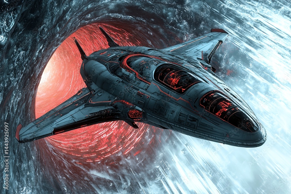 Poster a futuristic alien spaceship entering the wormhole, with red and dark gray colors, fractal patterns 