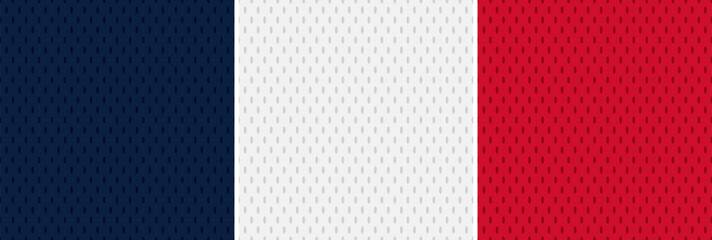 3 Hockey Jersey Mesh Seamless Vector Patterns in Navy, White and Red. Tricolore Sports Background. Athletic Fabric Texture Close-Up. Breathable and Moisture Wicking Sportswear Textile.