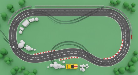 3d cute cartoon illustration, aerial view of race track with tire marks and smoke, subject positioned at the bottom with clear copy space at the top.