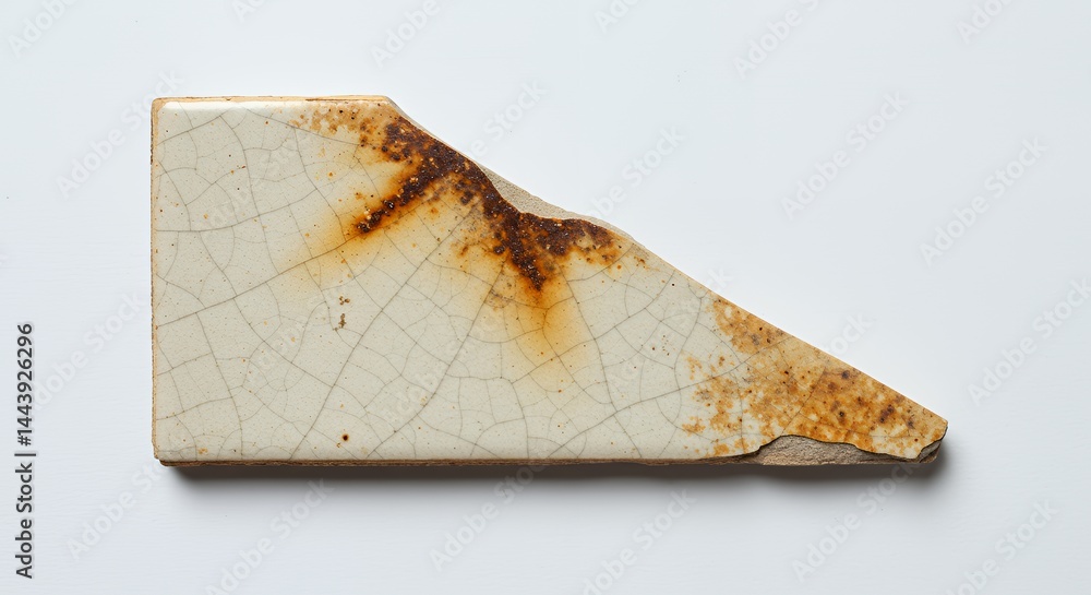 Poster broken ceramic tile fragment displaying rust and damage isolated on white screen background revealin
