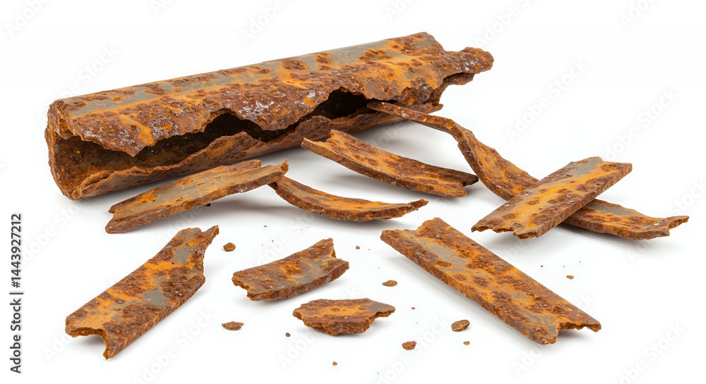 Poster broken rusted metal part isolated on white screen background featuring severe damage recycle item ru