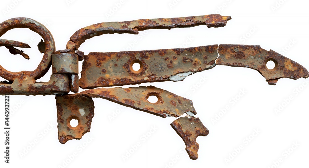 Poster broken rusty metal component isolated on white screen background showcasing fragmented and damaged i