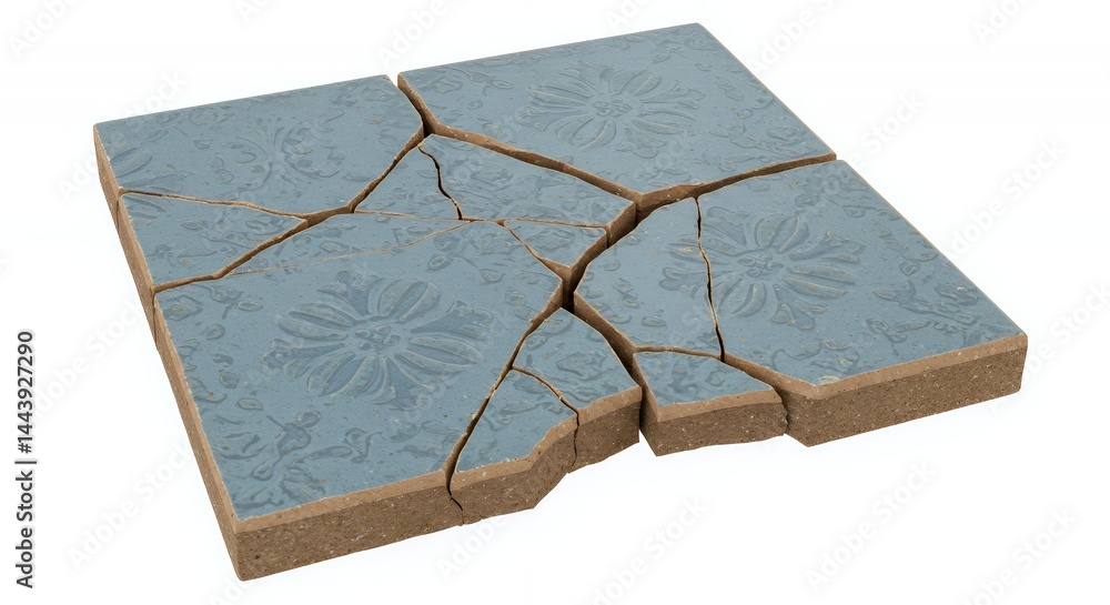 Aufkleber broken square patterned tile isolated on white screen background emphasizing damage texture ideal fo