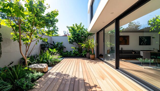 モダンな中庭と木製デッキのある家