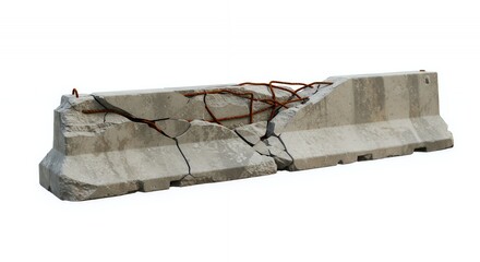 Collapsed Broken Concrete Barrier Exhibiting Exposed Rebar and Weathering Isolated on White Screen Background Shows Signs of Deterioration and Illustrates Need for Infrastructure Repair