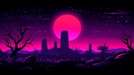 Naklejka premium Synthwave desert night landscape scenery view