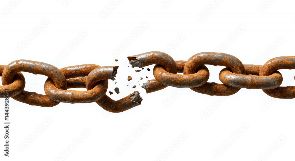 Poster corroded and broken metal chain isolated on white screen background symbolic of constructions breakd