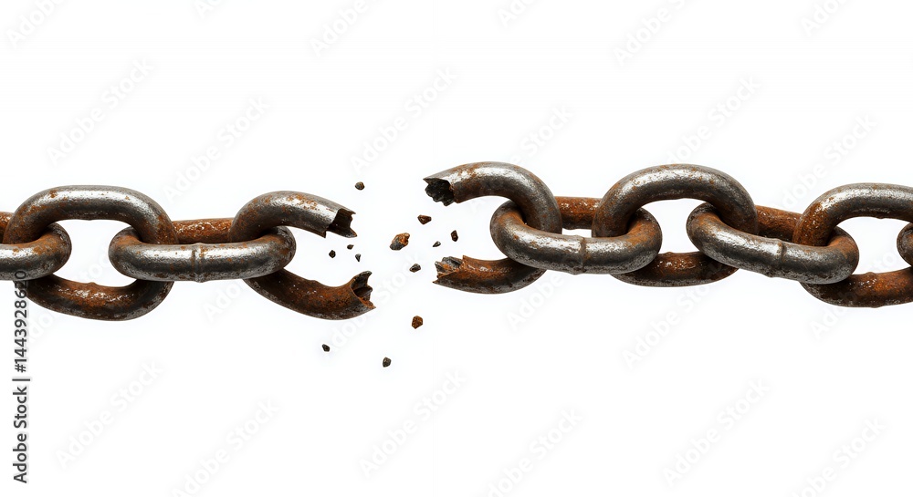 Poster corroded and broken metal chain isolated on white screen background depicting construction breakdown