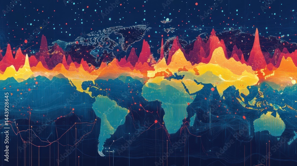 Poster global data visualization, colorful world map with various charts and graphs