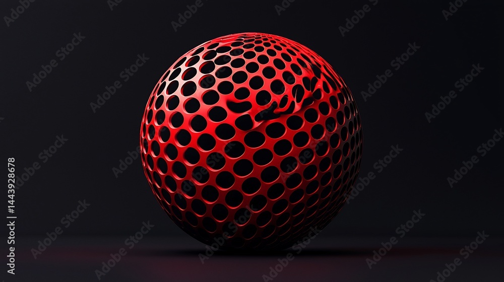 Poster red sphere with a perforated texture on a dark background