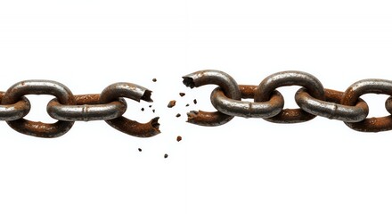 Obraz premium Corroded and Broken Metal Chain Isolated on White Screen Background Depicting Construction Breakdown Degradation With Rust Textures and Damaged Links Close Up