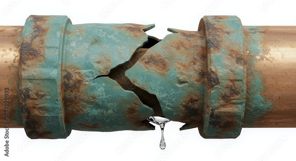 Poster corroded copper pipe leaking water showing rust and damage isolated on white screen background depic