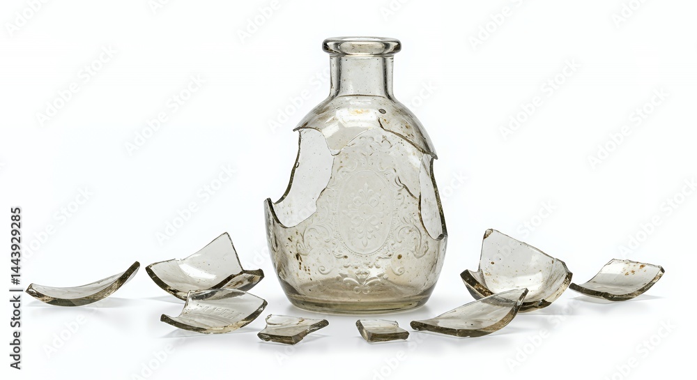 Poster cracked and shattered glass bottle with rust isolated on white screen background depicting object de