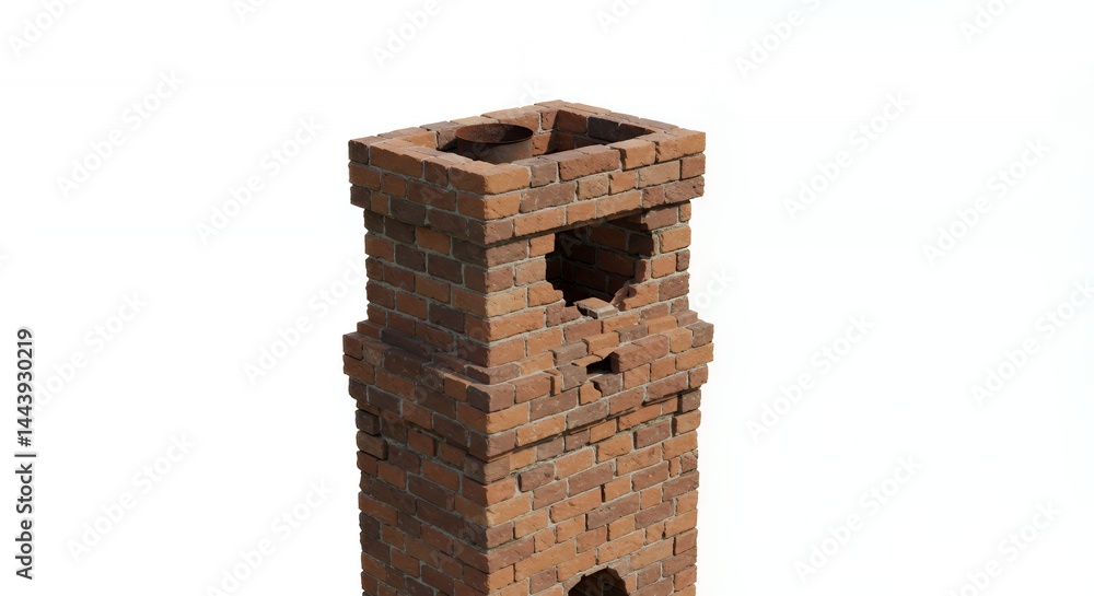 Poster crumbling brick chimney with visible damage and rust broken apart isolated on white screen backgroun
