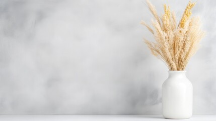 A white ceramic vase holding dried pampas grass on a minimalist gray background, and showcasing natural elegance and simplicity in home decor.