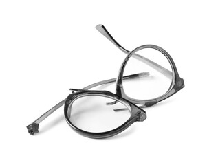 Broken eyeglasses with black frame isolated on white