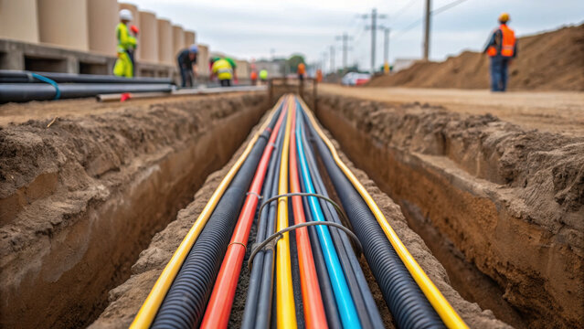 Construction site housing development with underground utility pipes and workers installing cables for infrastructure