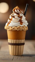 Caramel whipped cream drink in a decorative cup