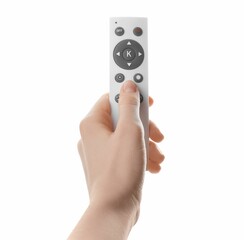Woman with remote control on white background, closeup
