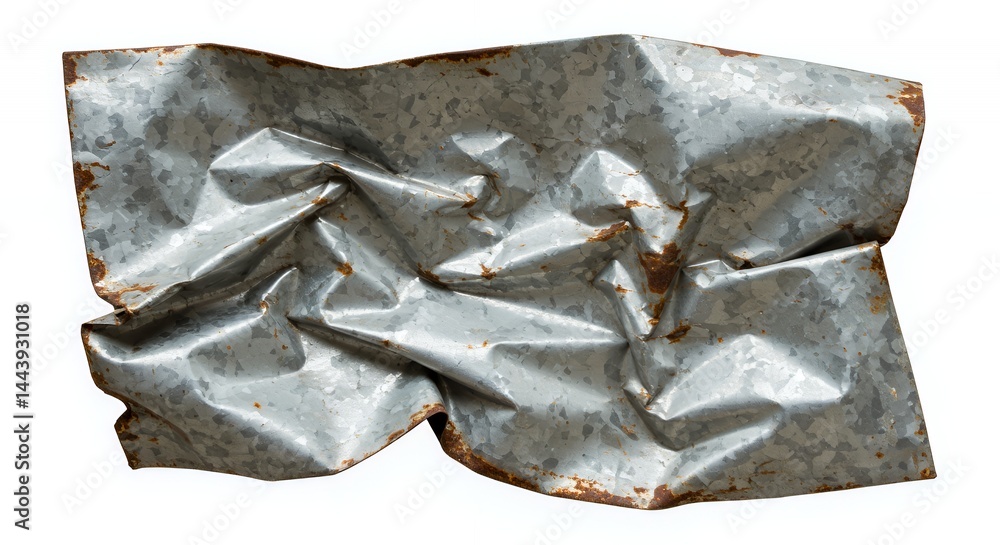 Poster crumpled metallic sheet isolated on white screen background showing damage texture reuse recycle con