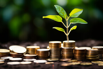 concept of time is money is exemplified through use of money coins adorned with a retro alarm clock and plant, symbolizing importance of return on investment, deposit, growth of income, re