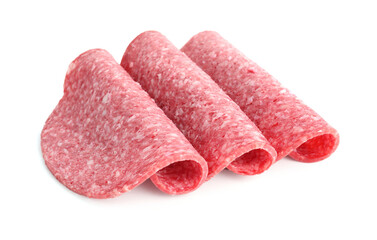 Slices of tasty smoked sausage isolated on white