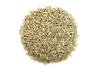 Pile of fennel seeds isolated on white, top view