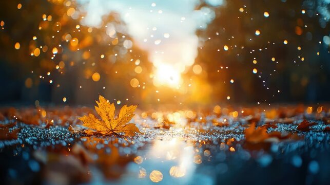 Autumn rain, fallen leaves, golden hour