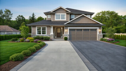 Modern housing development features two story house with spacious driveway and well maintained landscaping peaceful