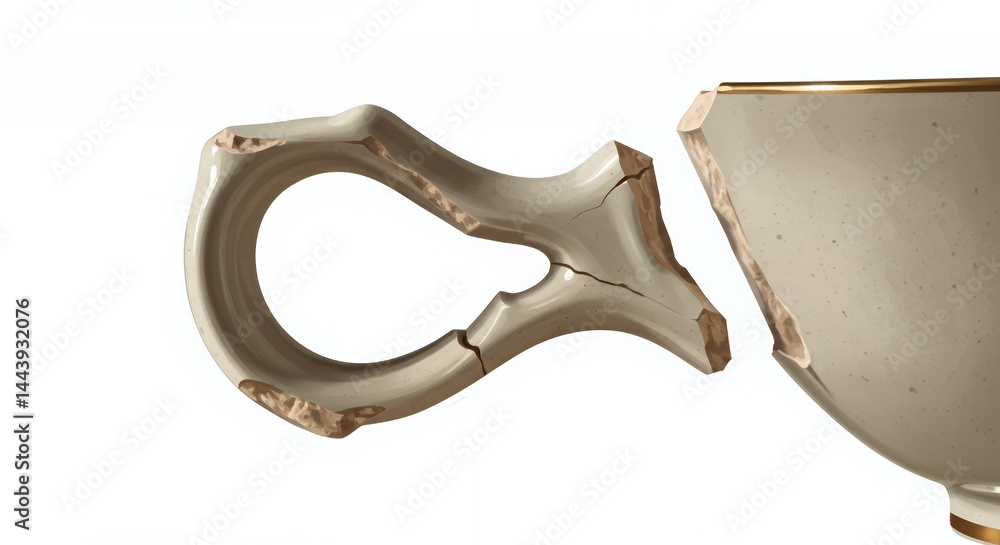 Poster damaged ceramic teacup handle isolated on white screen background displaying chipped edges and fract