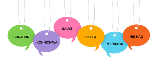 Paper speech bubbles with greetings in different languages hanging on white background. Banner design © New Africa