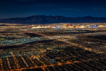 Aerial night view of las vegas skyline and distant mountains illuminated
