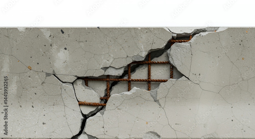 Poster damaged concrete barrier deep cracks embedded rebar isolated on white screen background exhibiting t