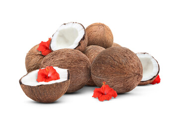Many coconuts and red hibiscus flowers isolated on white