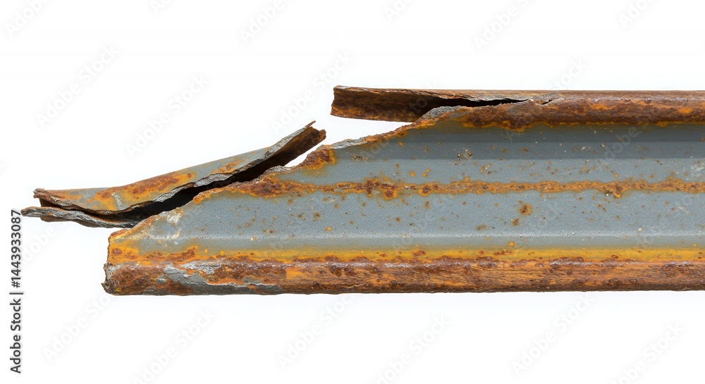 Poster damaged partially rusted steel i-beam fragment isolated on white screen background displaying textur